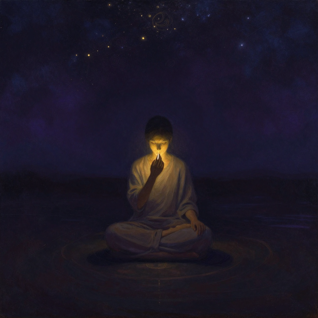 正念觉察：一个人穿着日常衣物自然盘坐于蒲团上，双手轻搭膝盖，目光低垂专注于鼻端的呼吸气流，四周沉入大片空旷