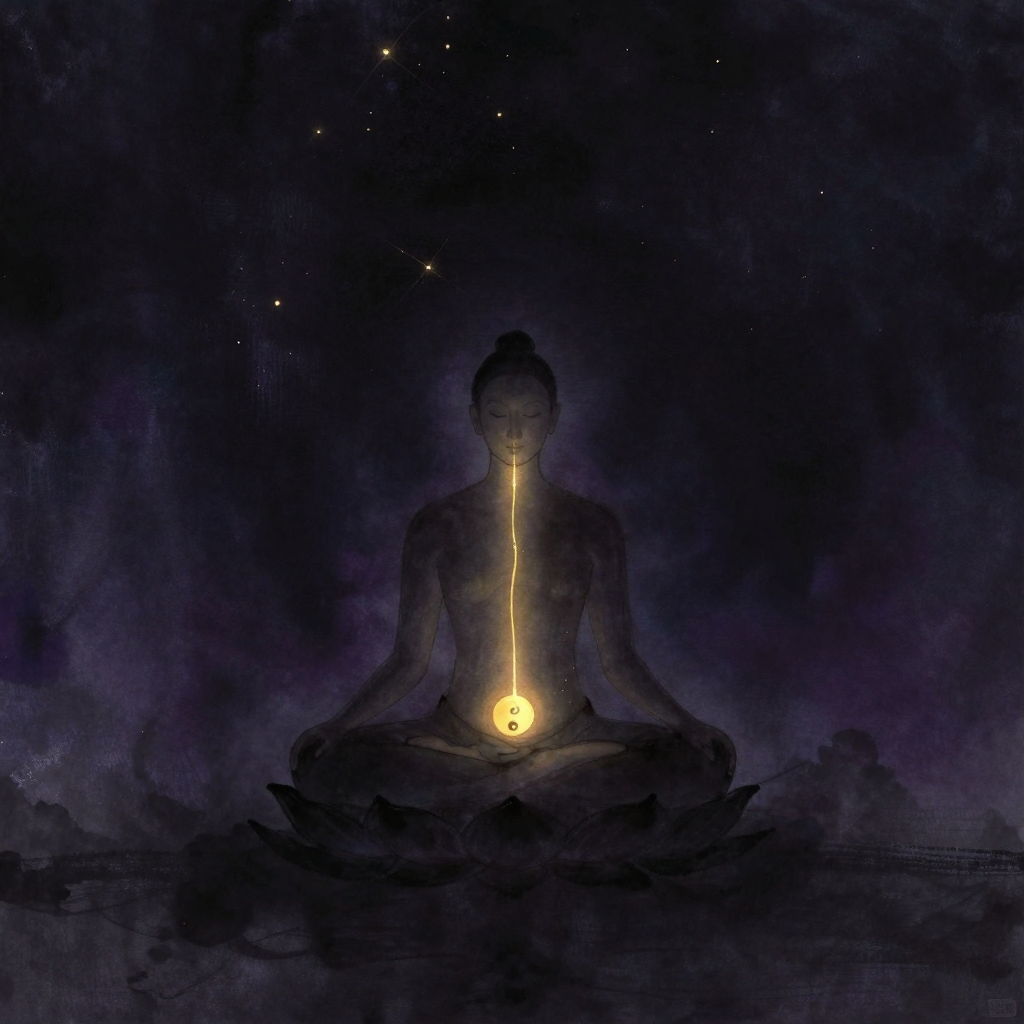 调息法：一位盘坐于莲花座上的瑜伽士，姿态宁静端正，从鼻尖到脐轮之间有一道纤细的光带连接，象征气息与能量的流动，四周大片留白
