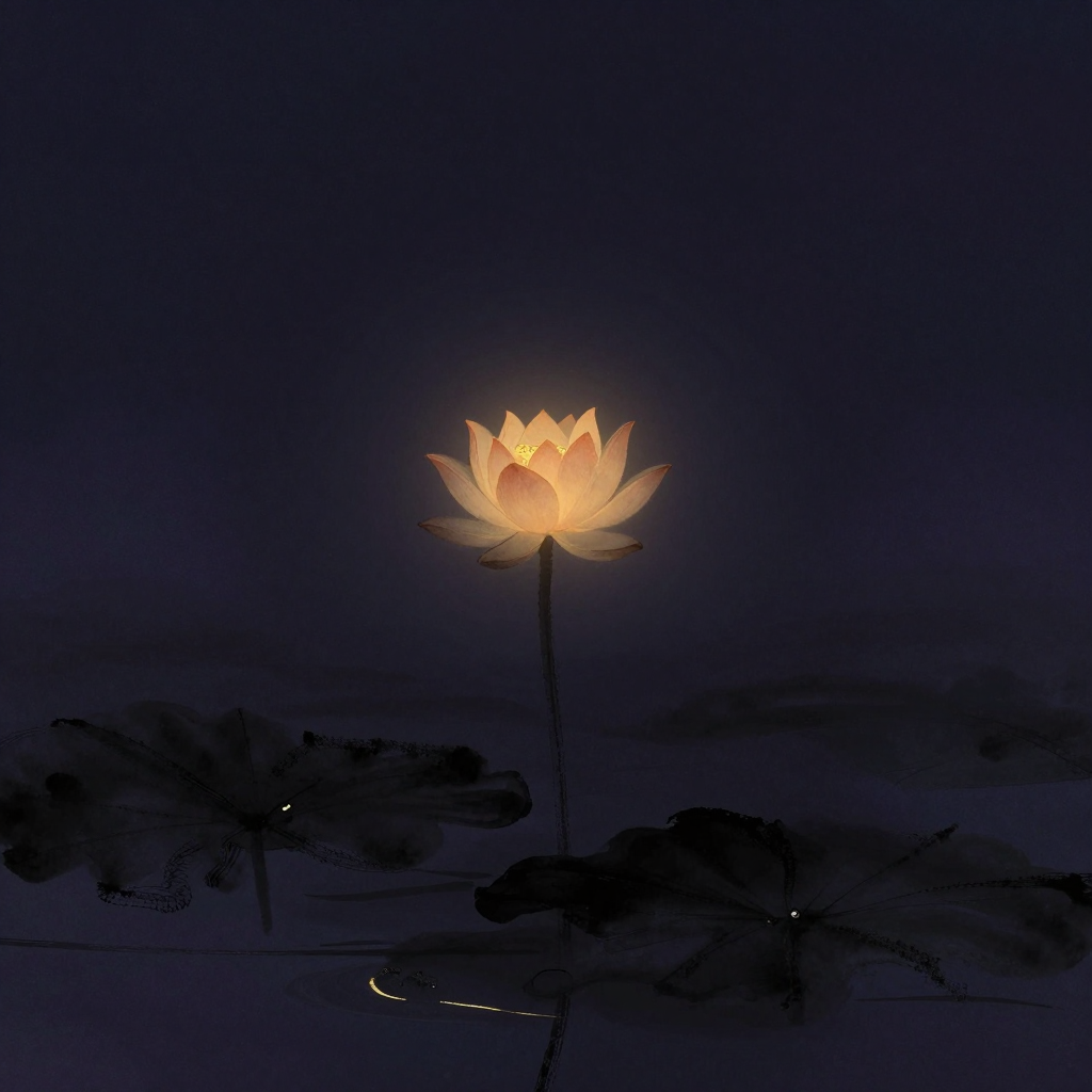 内在成长：一株莲花从深色水域中生长而出，花苞半开未全绽，茎干挺立，水面平静无波，莲瓣尖梢透出一处细微暖意，四周大片空寂