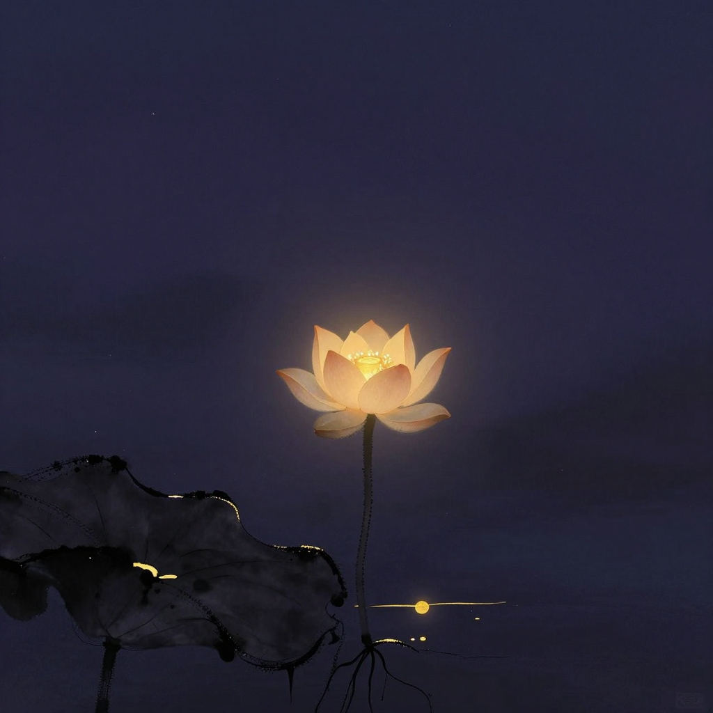 内在和谐：一枝半开莲花立于静水，水下根茎清晰可见，水面花瓣舒展向上，整体呈自然有机曲线，置于大片空境中，花心微微透出一处暖意