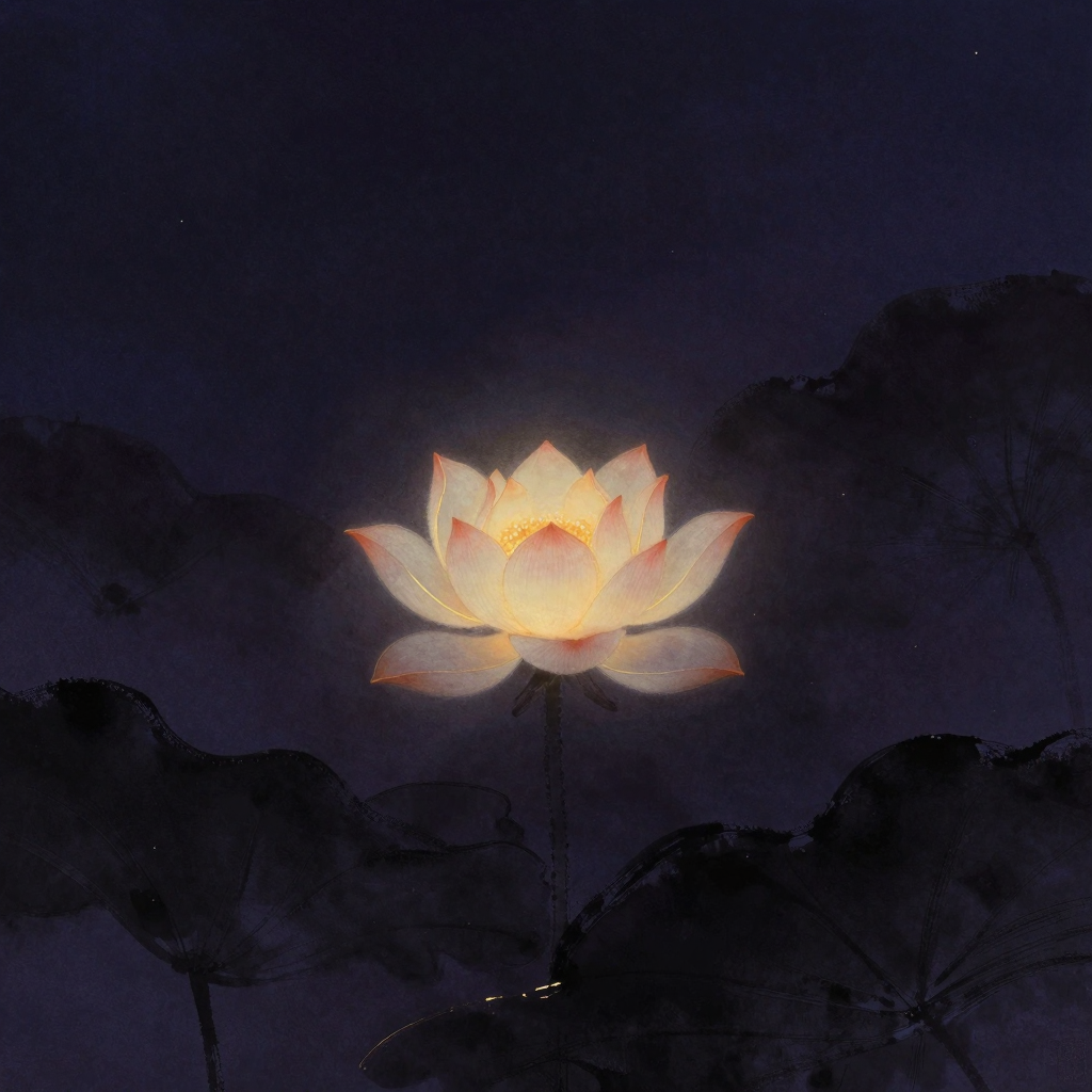 菩提心：一朵盛开的洁净莲花居于画面中央，花瓣舒展无瑕，从花心透出一处柔和暖意，四周大片空境