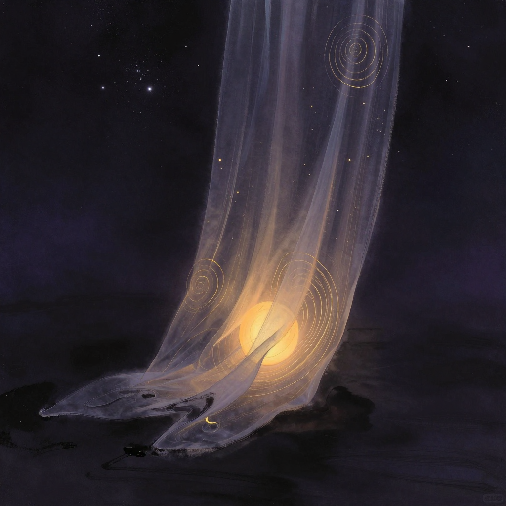 幻象：一幅半透明的轻纱垂悬于空处，纱面上若隐若现有星点与漩涡状图案，纱后透出一处极柔和的暖光，纱的褶皱形成自然的遮蔽与显露的交