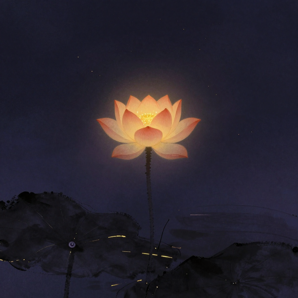 幸福感：一朵舒展的莲花从淤泥中生长而出，花瓣自然开合不过度艳丽，花心微显，茎秆挺拔，四周空寂，花心处有一缕极细微光透出