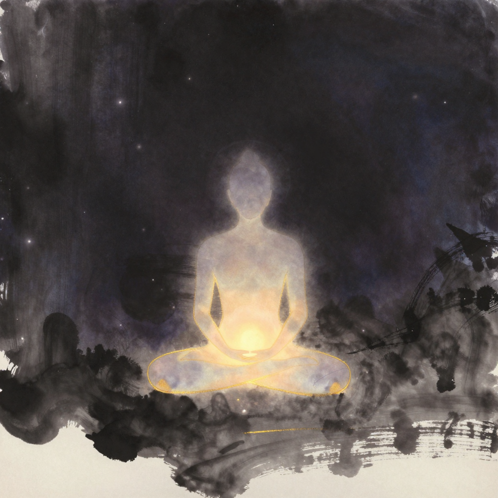 坐忘：一个结跏趺坐的人形轮廓居于画面中央，自下而上逐渐淡化为透明，最上方轮廓线已融入虚空，四周大片留白，唯有人形最下端保留最实