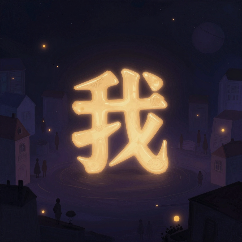 自我中心：一个极度膨胀的立体'我'字占据画面中央，表面略有光泽，周围建筑与人群被压缩成模糊变形的扁平剪影向边缘坍缩，留出大片空处