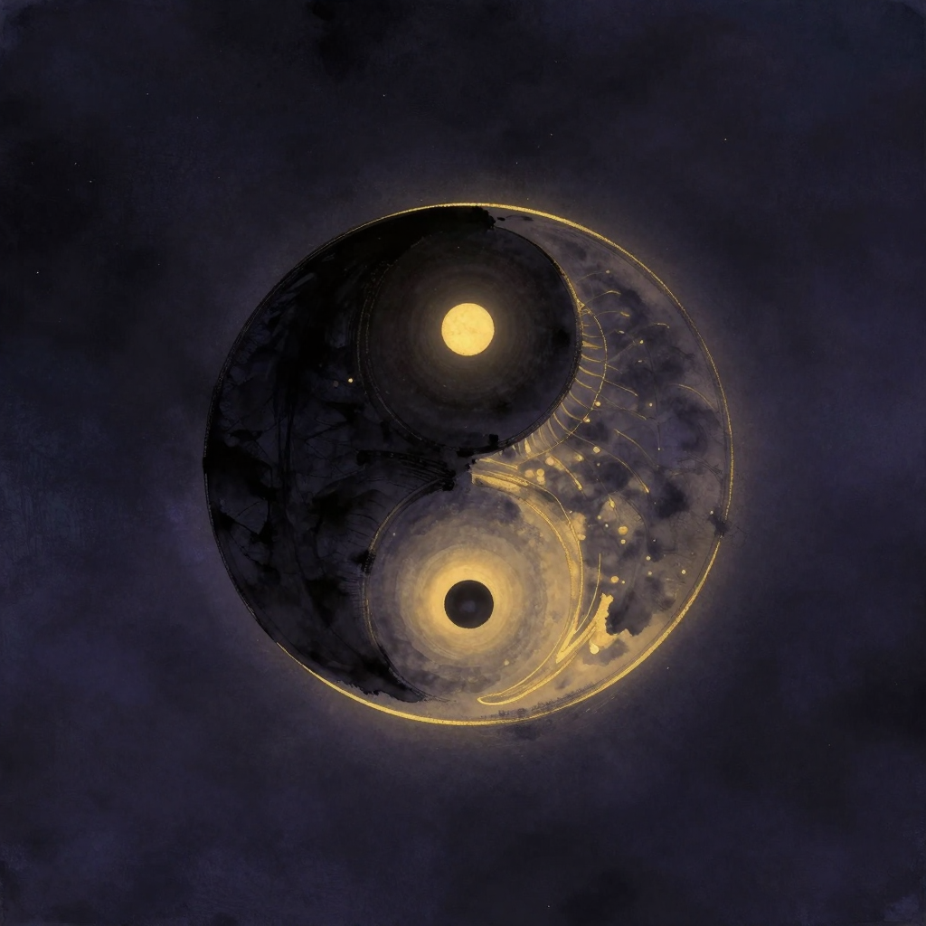 阴性能量：一幅阴阳鱼图中，内凹的黑色阴鱼部分呈现新月般的柔和曲线，与凸出的阳鱼边缘精确咬合，两者交界处形成一道流畅的S形，画面其余