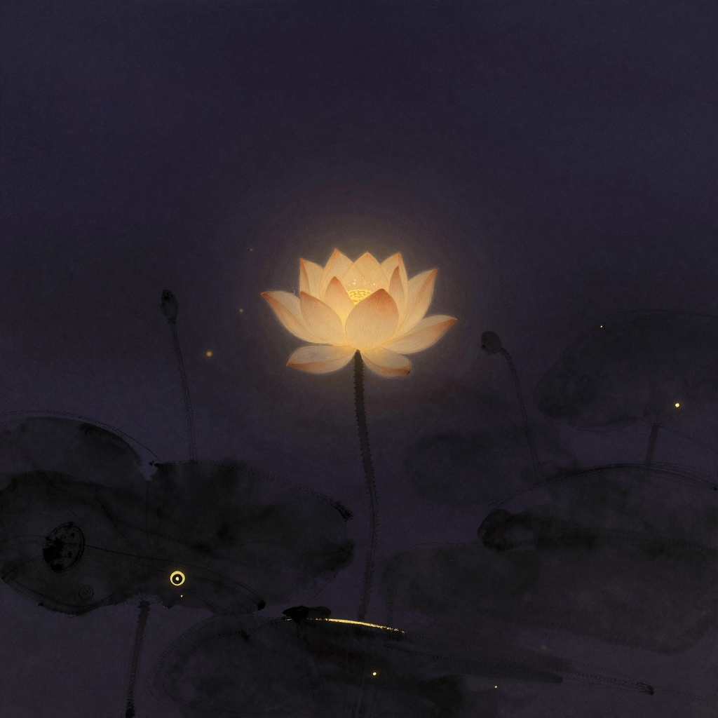 佛法：一朵含苞待放的莲花挺立于水面，花瓣洁净无瑕，茎干笔直无刺，四周大片空寂，花心透出一处极细微的暖意
