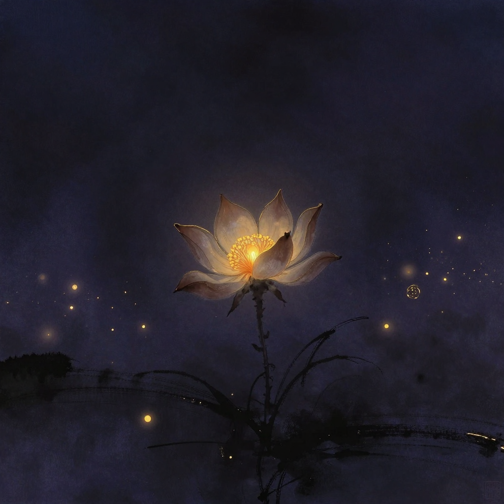 生命哲学：一朵半绽的花立在近处，几片花瓣已舒展而仍有内层瓣尖蜷曲未放，茎干微倾似在生长中，四周归于大片空处，花芯透出一处暖意