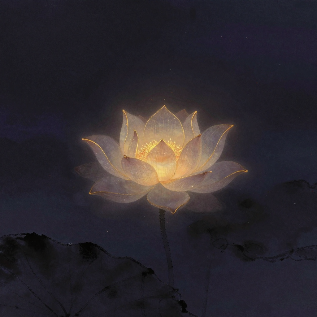 缘起性空：一朵半透明的莲花悬浮于大片留白中，花瓣边缘逐渐消融于虚空，无茎无根无着处，花心处透出一缕微光