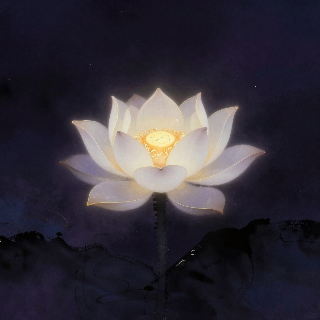 法华经：一朵盛放的白莲花自深沉背景中浮现，花瓣舒展层叠，花心含有一颗光润宝珠，莲花四周留出大片空境，宝珠是画面唯一的微光来源