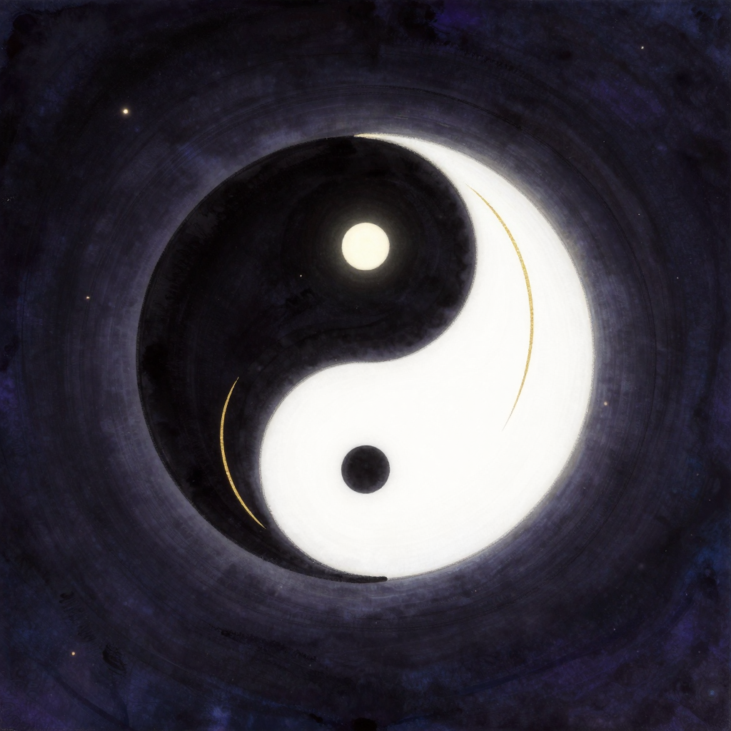 阴阳平衡：一幅完美圆形的太极图置于广阔空处，黑白双鱼以流畅曲线互抱游动，黑鱼含白睛、白鱼含黑睛，边缘线条清晰如水中晕开
