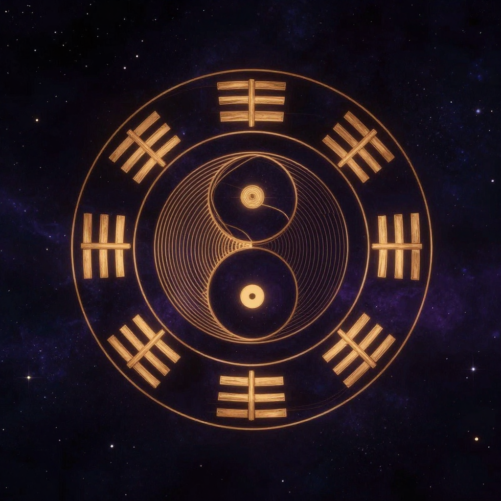 宇宙节律：阴阳爻组成的六层卦象沿圆形轨迹缓缓流转，疏密有致的爻线构成精确几何排列，在大片空处形成永续循环，卦象间有一缕极细的连接光