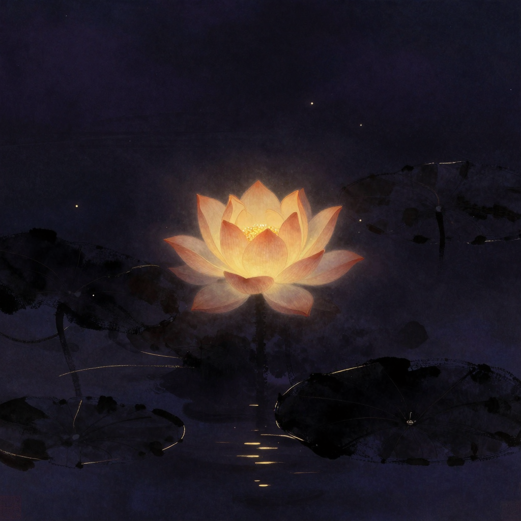 喜悦：一朵舒展的莲花从幽暗的淤泥中升起绽放，花瓣层次分明却不艳丽，花心微微可见，四周是大片空寂的水面，花是画面唯一的微光来源
