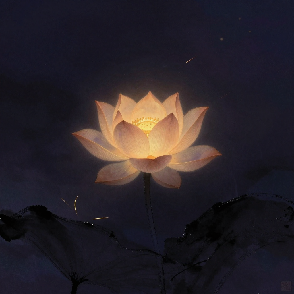本自具足：一朵完全舒展的莲花孤立于空，花瓣完全绽放露出清晰花蕊，根茎干净无泥无水，处于画面中央大片留白中，花心透着一处柔和暖意