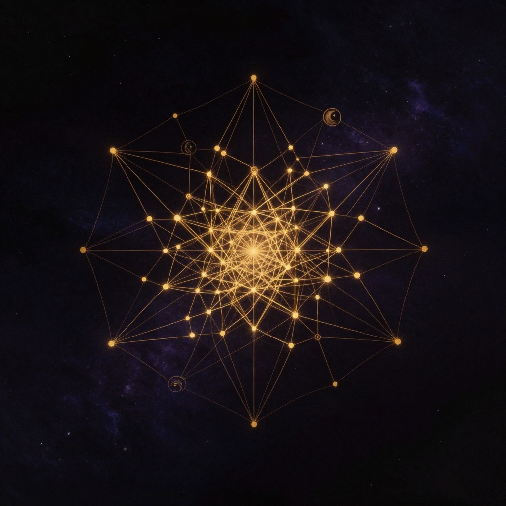 复杂适应系统：无数细小金线在近黑背景中交织成三维星网，节点间连接线呈非线性交错，部分连线时隐时现如呼吸脉动，整体构成一座既有序又变幻的