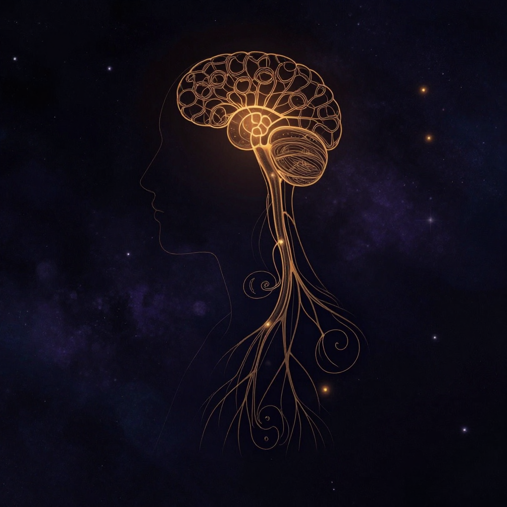 神经内分泌：一个简洁的人体剖面图聚焦于下丘脑、垂体和肾上腺的解剖连接，下丘脑向下延伸出神经纤维指向垂体，垂体再向下延伸血管指向肾上腺