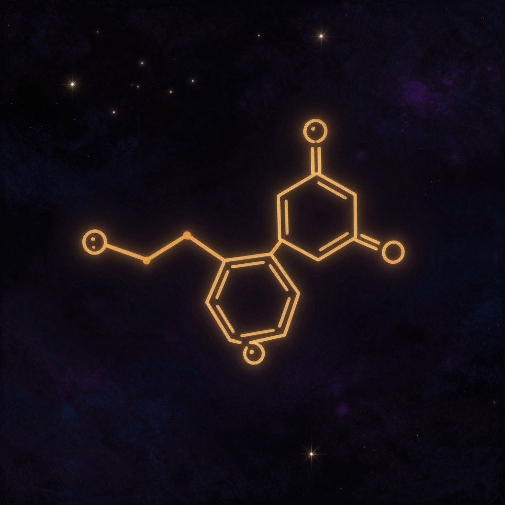 奖赏回路：一个准确描绘的多巴胺分子结构悬浮于空处，苯环上的3,4位羟基清晰可见，结构线条是画面唯一的微光来源