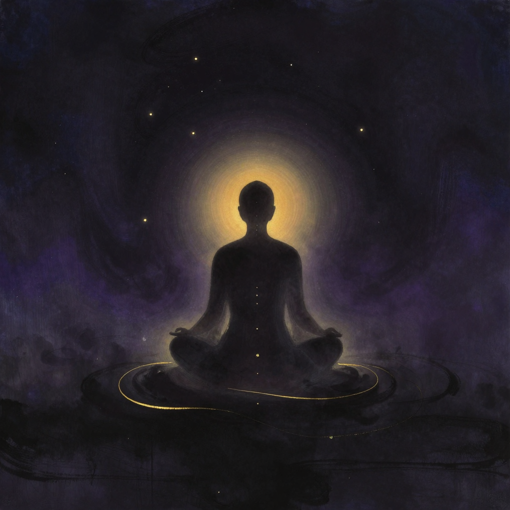 气功：一个盘坐的人影背影居于画面中央，脊柱笔直，双手在脐下三寸处结成平和的印，周身环绕着若隐若现的流动气流，衣袍随气息微微起伏