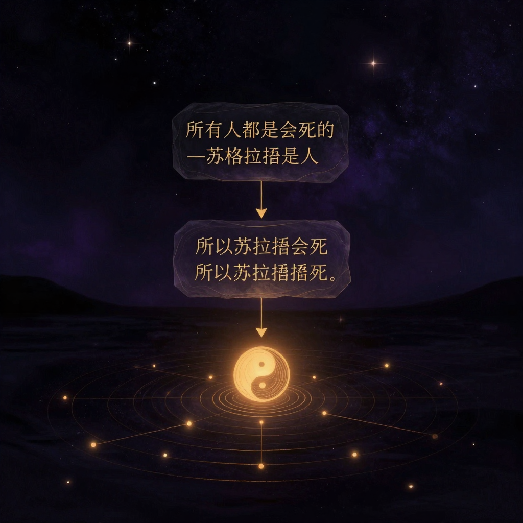 逻辑思维：三块半透明石板以阶梯状悬置，自上而下分别刻着：所有人都是会死的—苏格拉底是人—所以苏格拉底会死，石板之间由细金线逻辑箭头