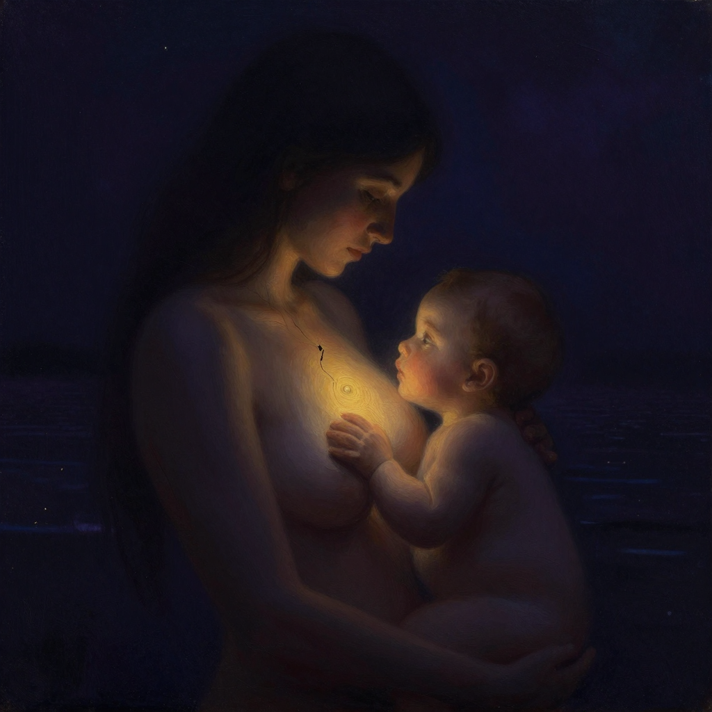 克莱因：一个婴儿侧脸紧贴母亲的部分乳房，神情专注凝视，乳房轮廓柔和，四周空间留白，一条细微裂痕从乳房边缘延伸又悄然愈合
