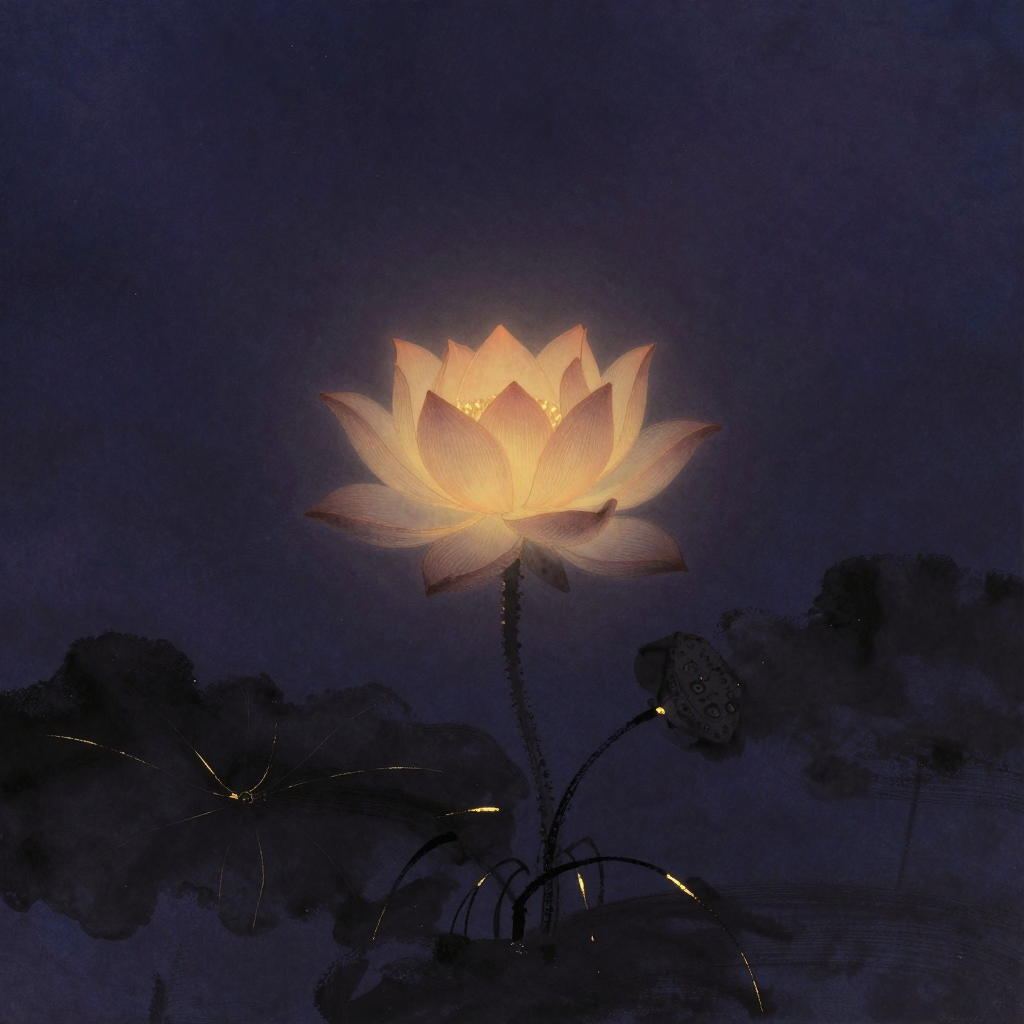 存在价值：一朵舒展的莲花从深色淤泥中挺拔生长，根部仍没于泥中，花瓣层层打开指向空旷，花心处有一处自然微光