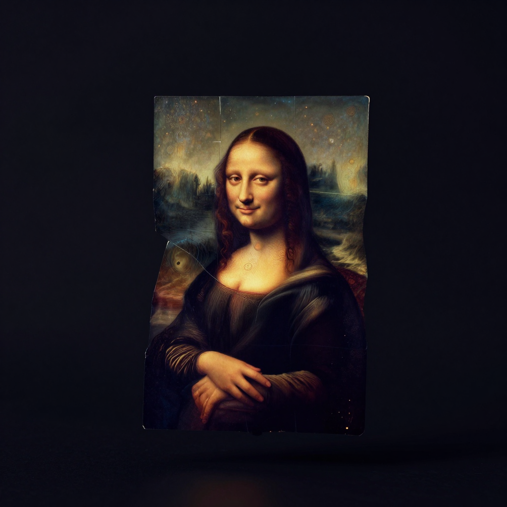 后现代主义：一张被撕开又重拼的古典肖像画碎片悬浮于空旷中，画中人物面部被戏谑地添上两撇胡子，拼贴边缘留有明显的手工痕迹，碎片接缝处透