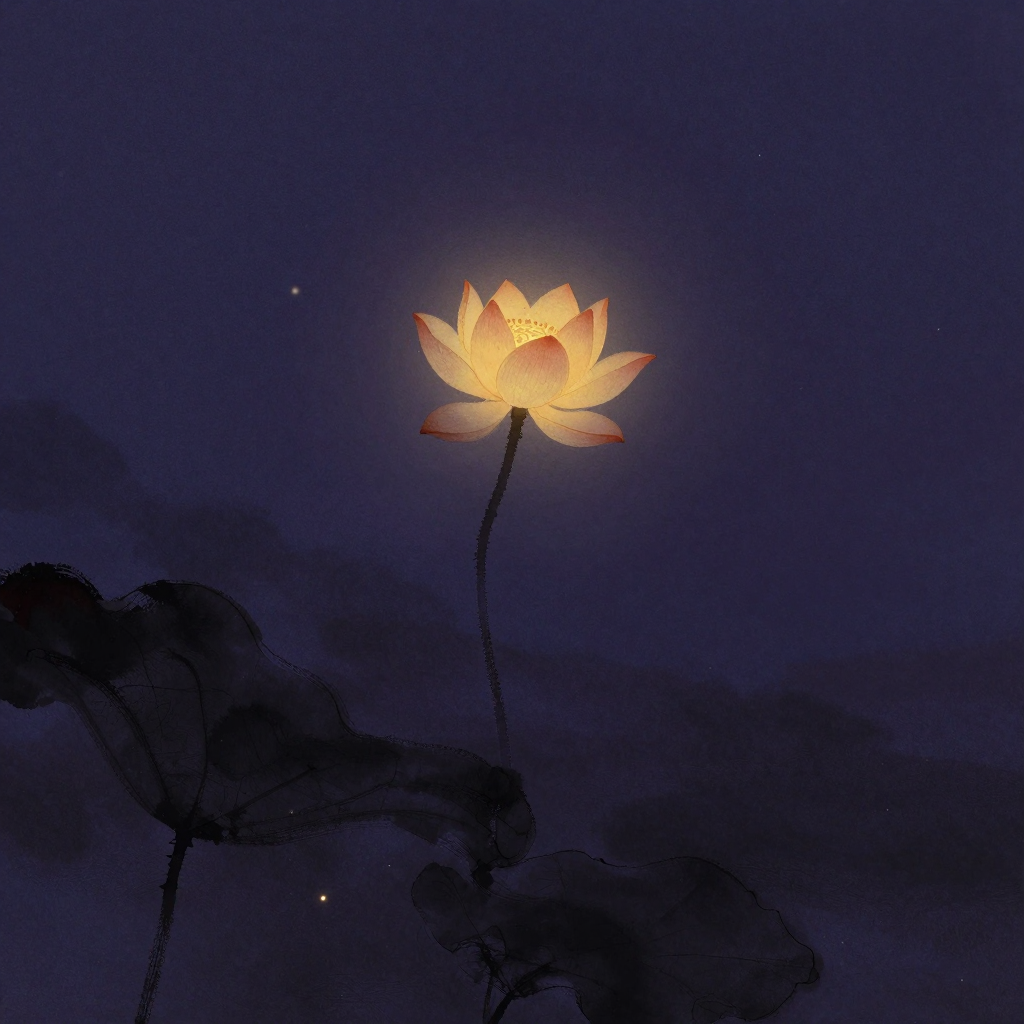 般若智慧：一枝自然弯曲的莲花立于空处，花瓣含而未放，花茎线条柔和，花苞微微垂向一侧，周围大片留白