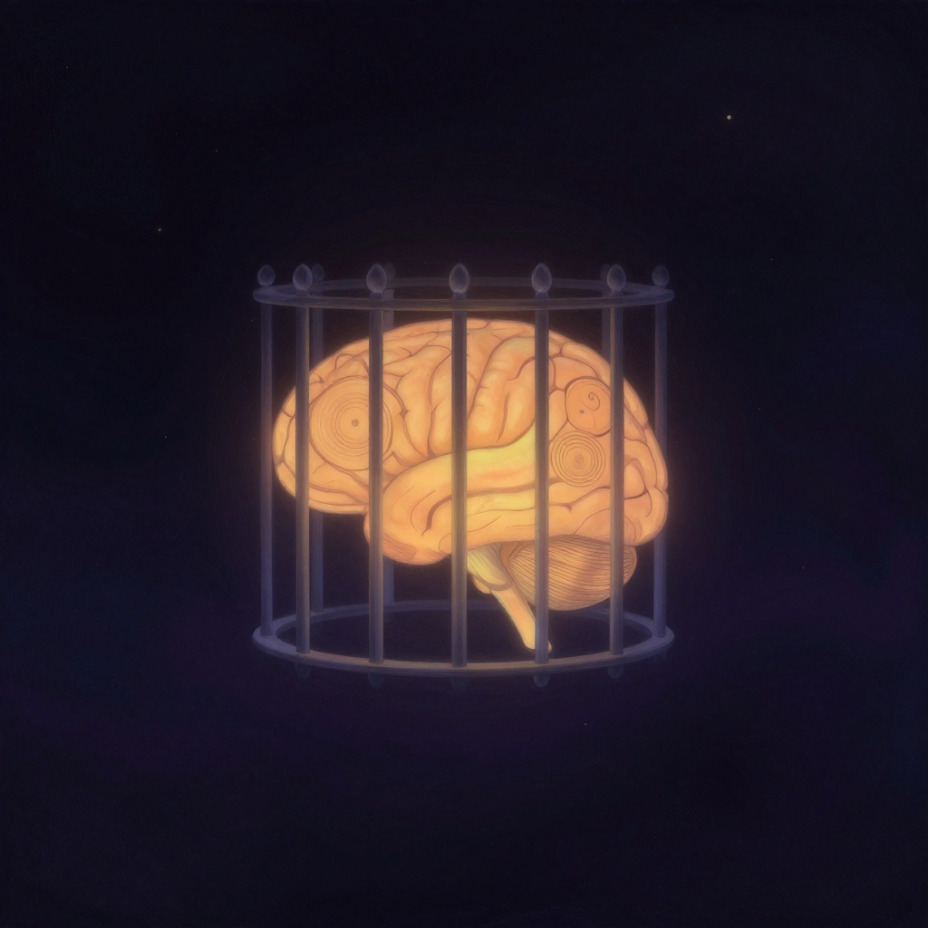 思维定势：一颗清晰的大脑轮廓被半透明的铁栏杆环绕禁锢，栏杆间距均匀，整体悬浮在空旷中，透过某些栏杆间隙可见若隐若现的微光点