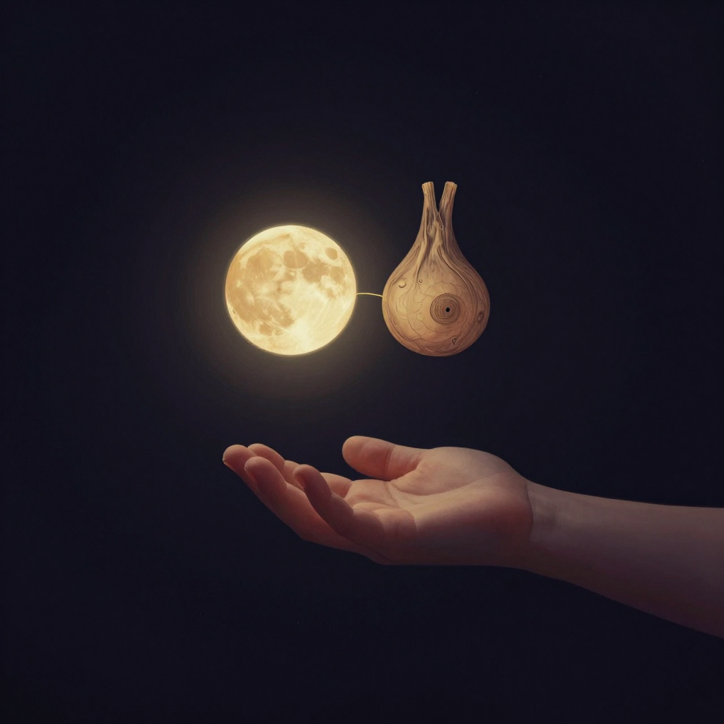 梅兰妮·克莱因：一只婴儿的手向画面中央伸出，前方悬着两个对比鲜明的乳房幻象：一侧饱满圆润如满月，另一侧干瘪皱缩如枯木，两者被一道细线分隔