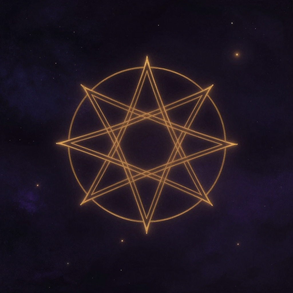 心理类型：一个精确的八芒星符号居于画面中心，八条射线均匀延伸至八方，线条清晰有力，每条射线代表一种心理功能组合，中心点象征着自性的