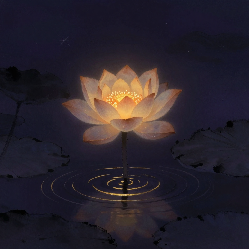 转识成智：一片浑浊泥水中，一朵洁净的莲花向上生长，花瓣舒展绽放，水面留有微澜，花心透出一处暖意，四周归于空处