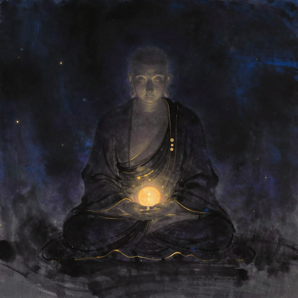不二法门：维摩诘居士庄严安详地跪坐于空旷禅堂中，双手轻搭膝上，眼帘半垂，面部透出深沉的平静，四周归于大片空寂，唯一的光源来自其身前