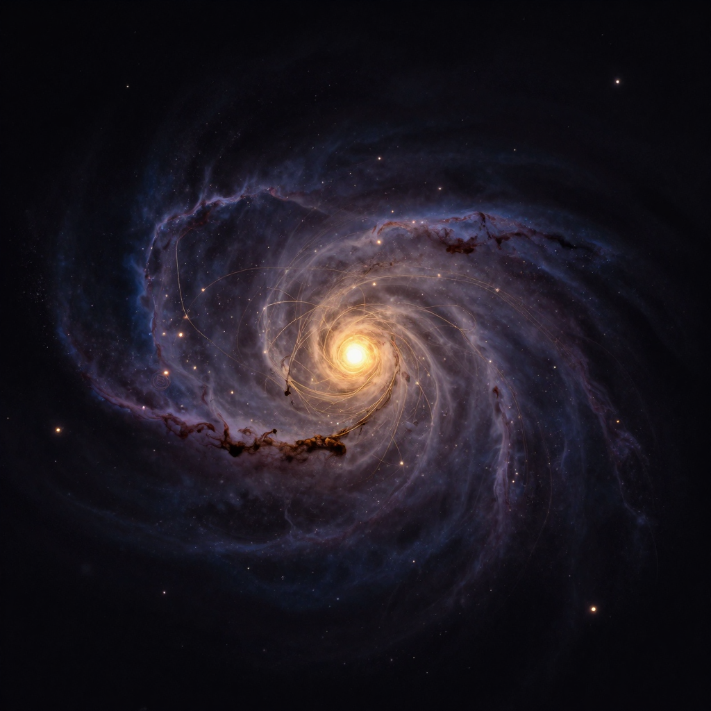 宇宙：一片呈现透明层次感的螺旋星云悬浮于广阔留白中，内部无数细微光点由发丝般的金线相连成网状结构，星云边缘渐隐于空处