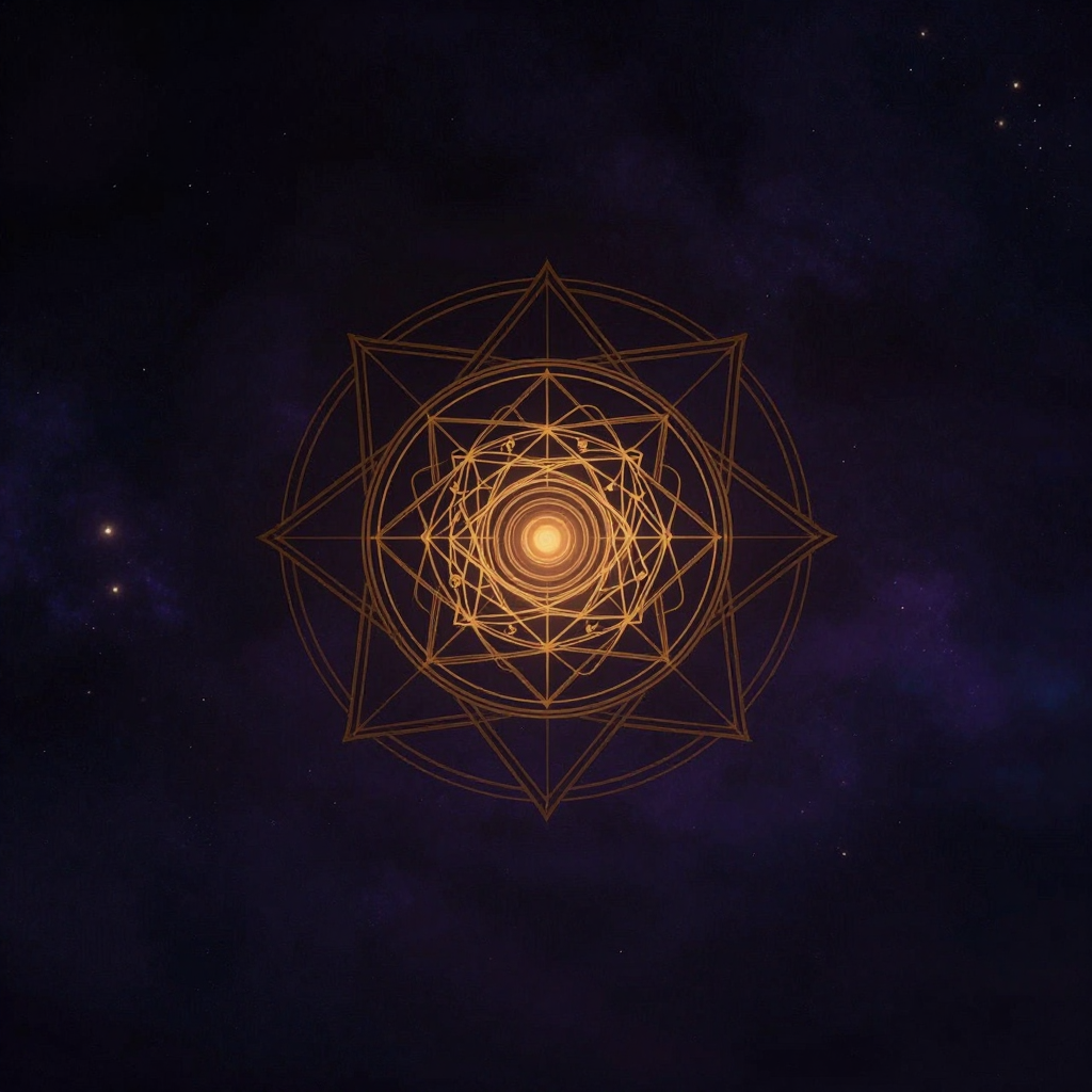 宇宙秩序：一幅严格中心对称的曼陀罗几何图案悬浮于空处，由嵌套的精密几何线条构成，暗含原型符号的微妙层次，图案最内层核心透出一处细微