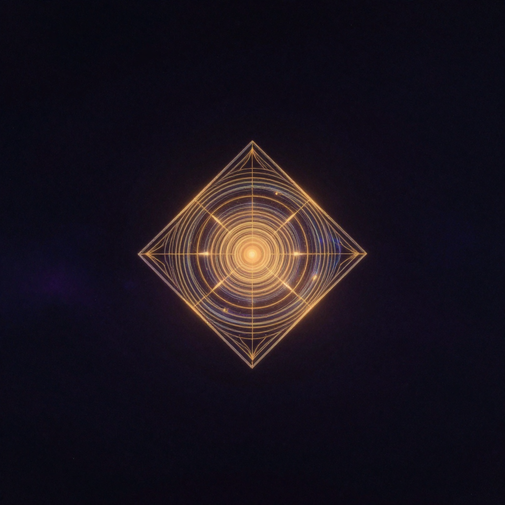 全息宇宙：一片带有精密干涉条纹的菱形全息照片碎片悬浮于空处，其表面隐约浮现出完整图像的结构，四周归于大片留白