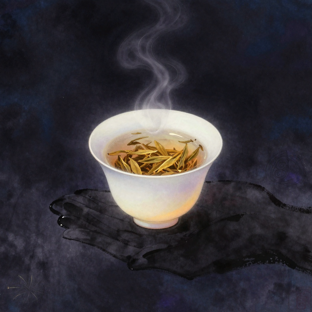 仪式化：一只素白茶杯静置于空处，杯中茶叶正在水中缓缓舒展，一缕细微热气从杯口向上消散，茶杯旁一双安住的手虚拢杯身，视线聚焦于茶叶
