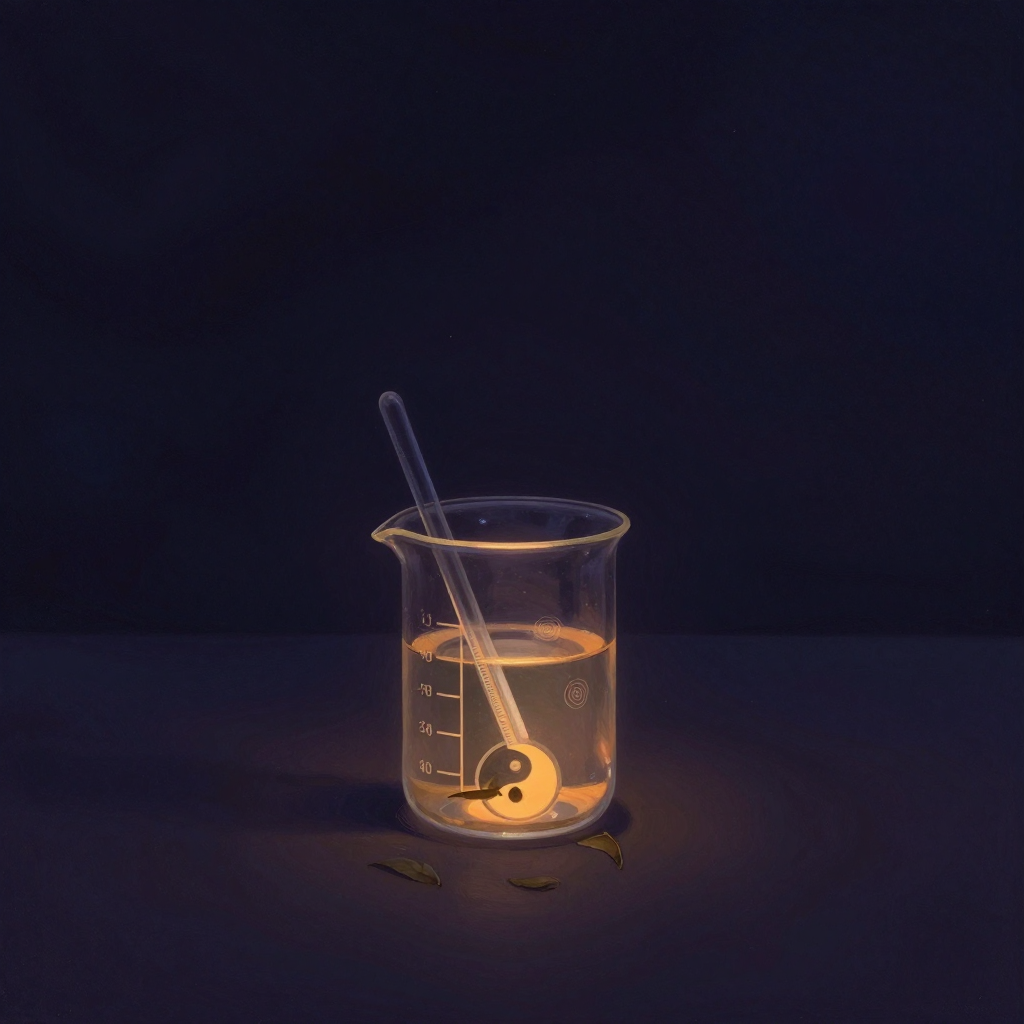 科学方法论：一只透明玻璃烧杯孤立置于空处，杯身刻度线清晰可见，内盛无色液体，一支细温度计斜靠杯壁，杯底沉淀着两片茶叶