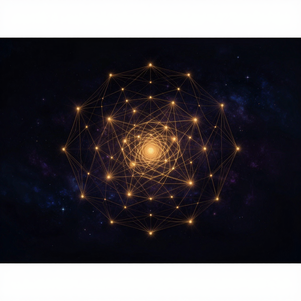 网络科学：一片深邃背景中，由无数细小金色线段连接成的复杂网络结构铺展，节点如星辰般疏密有致，某些枢纽节点略大并散发着微弱光晕，整体