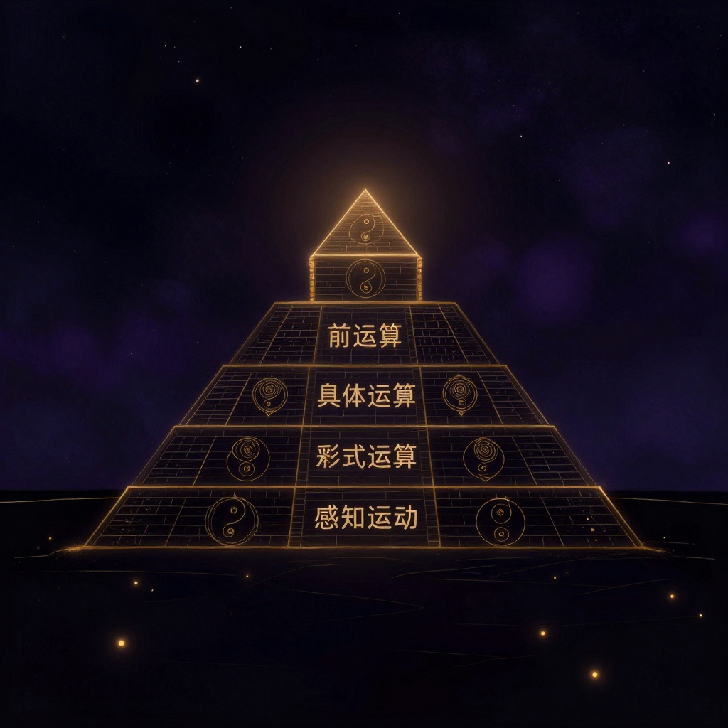 认知发展：一座分四层的石质金字塔立于空处，从底层到顶层依次标注感知运动、前运算、具体运算和形式运算阶段，层次间以清晰结构区分。顶层