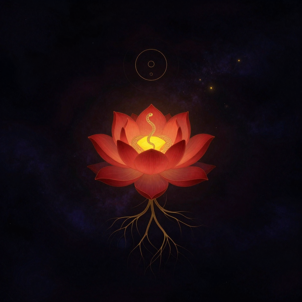 根轮：一朵四瓣红色莲花悬浮于近黑背景中央，每片花瓣厚实饱满，花心嵌着醒目的黄色方块。一条纤细蛇形线条盘绕花心，莲花下方隐约可见