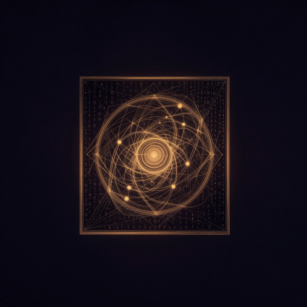 人工智能：一面方形镜悬于空处，镜面由流动的0/1数字与神经网络节点纹理构成，镜框边缘隐约呈现硅晶体棱角结构，镜中映出抽象的人形轮廓