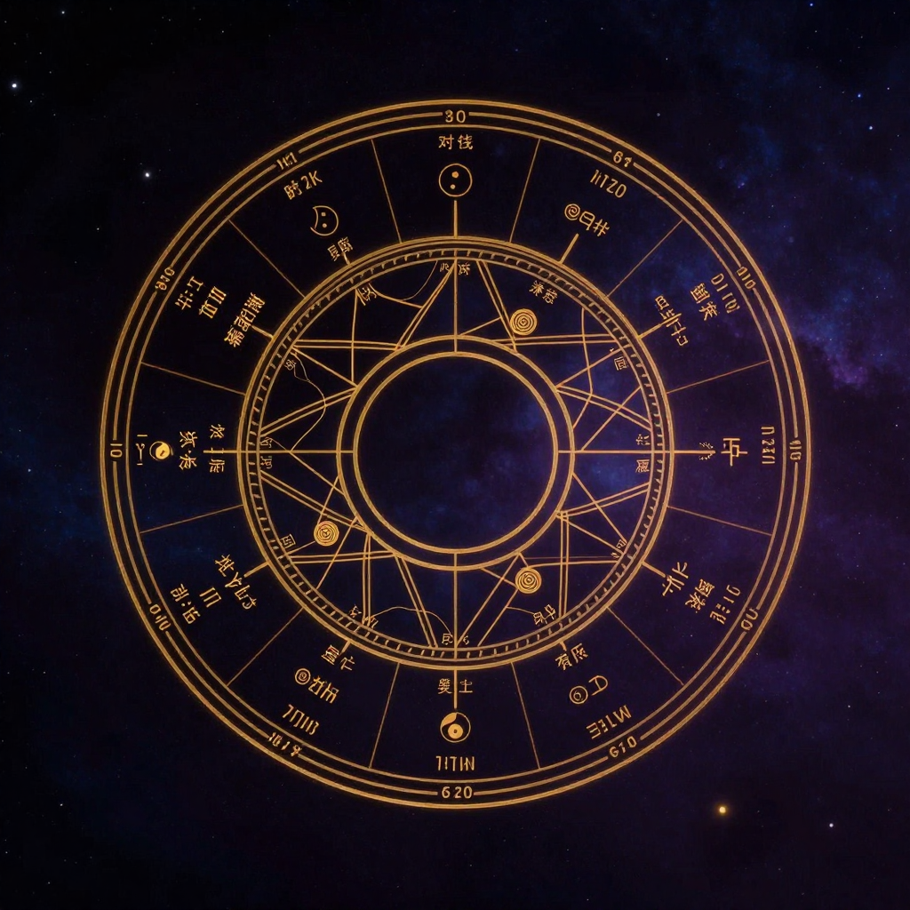 子午流注：一幅金线勾勒的环形十二分图，每格标注一时辰名与对应经脉名，经脉线条按真实走向连接成动态循环，中央保持大片空处