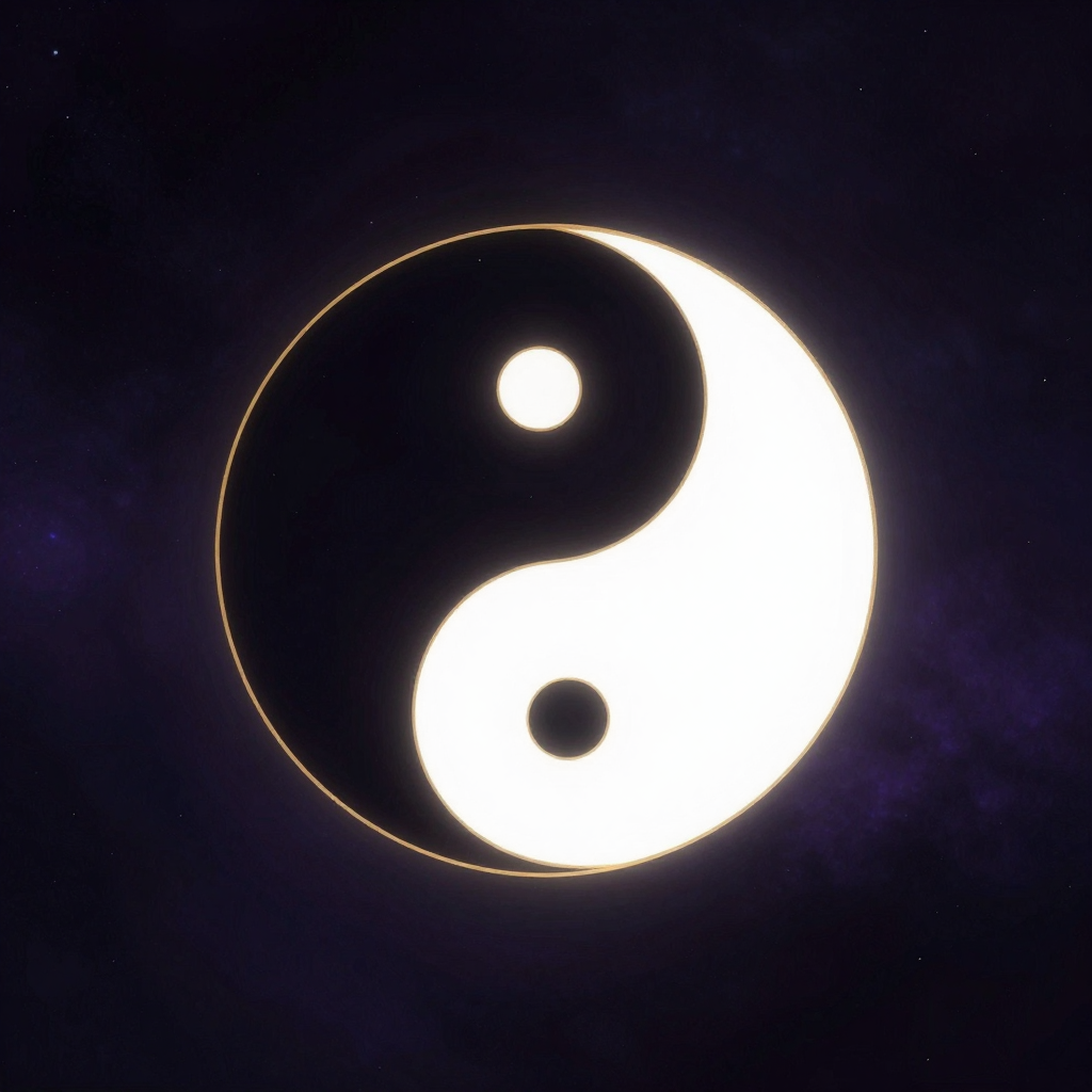 性命双修：一幅太极阴阳鱼图悬于空处，黑鱼与白鱼以流畅曲线相互环抱，黑鱼中含白点、白鱼中含黑点，边缘轮廓清晰，两鱼相接处泛起一线极细