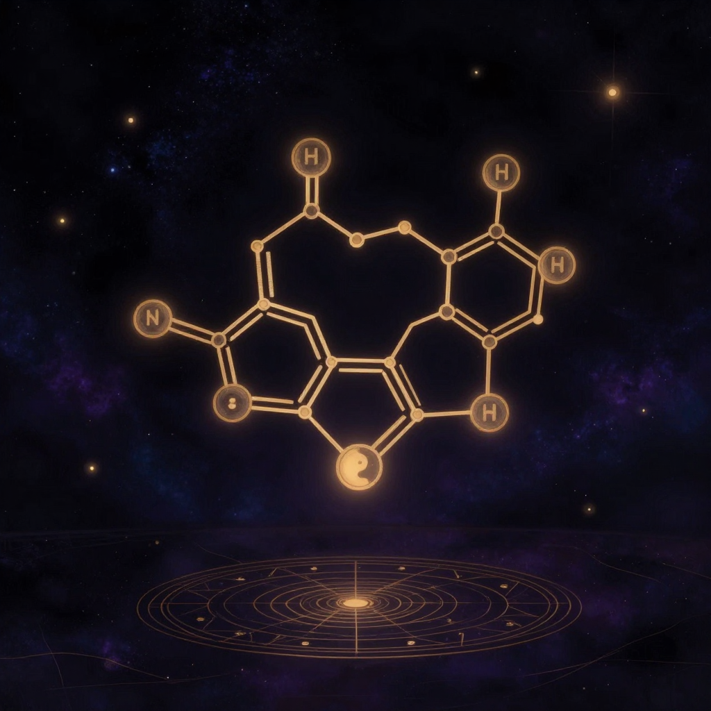 致幻剂研究：一个准确呈现苯环与吲哚环结构的LSD分子线框模型悬浮于实验台上方，氮原子位置清晰，四周留出大片空处，分子键的某些连接处透