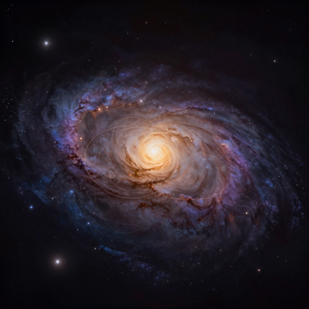 宇宙观：半透明的螺旋星系与抽象人体轮廓在空旷中交融，星云呈现细腻的漩涡结构，星点带着柔和光晕，人体线条简练如经脉般与星轨相连，画