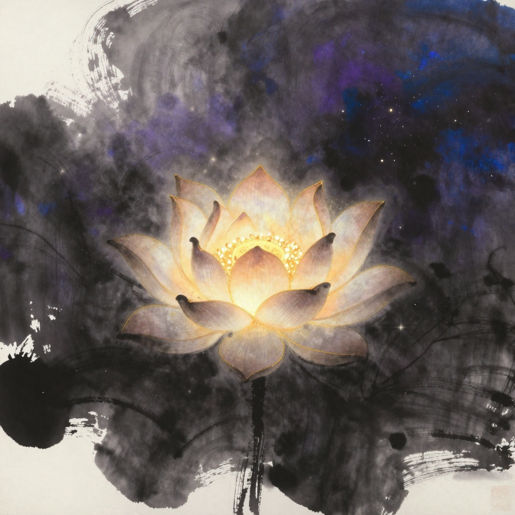 积极情绪：一朵层次分明的莲花在空旷中全然舒展，花瓣自然外展露出花心，置于大片留白处，花心处隐约透出一处微光