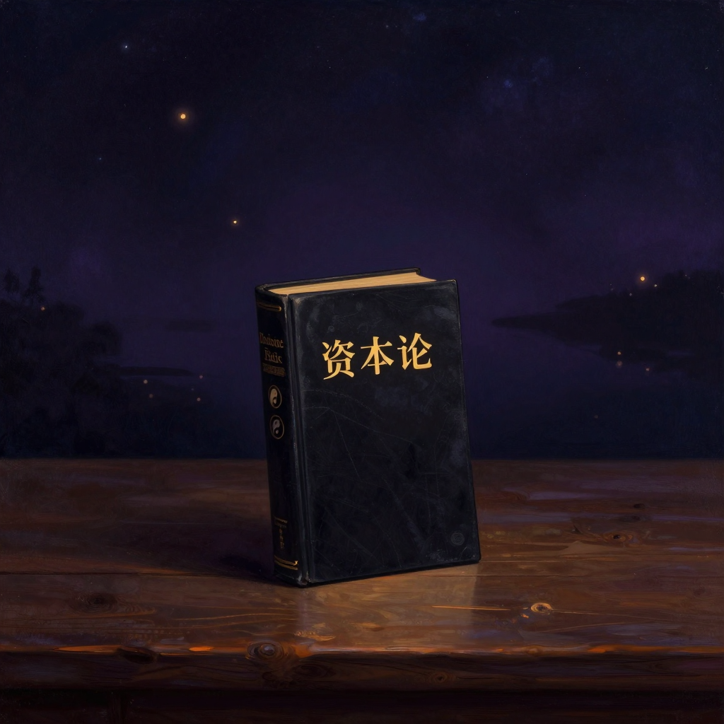 马克思主义：一本深色皮质封面的《资本论》第一卷静静立于老木桌上，烫金德文书名清晰可辨，封面微微斜对观者，四周留出大片空处