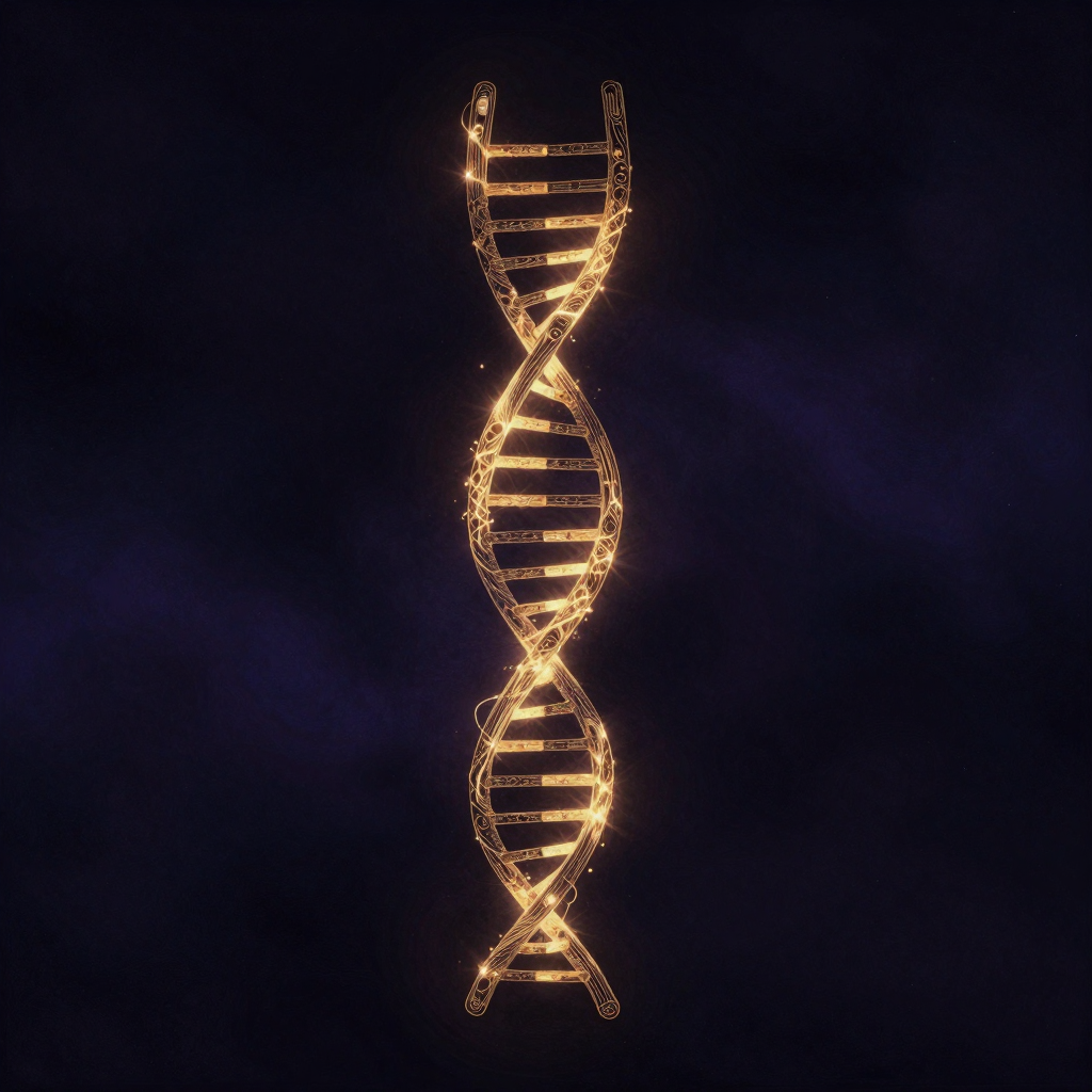 量子生物学：一条典型的双螺旋DNA结构悬浮于空旷中，其碱基对之间由无数发光的波动线条连接，呈现量子纠缠态，整条螺旋被一道极细的微光贯