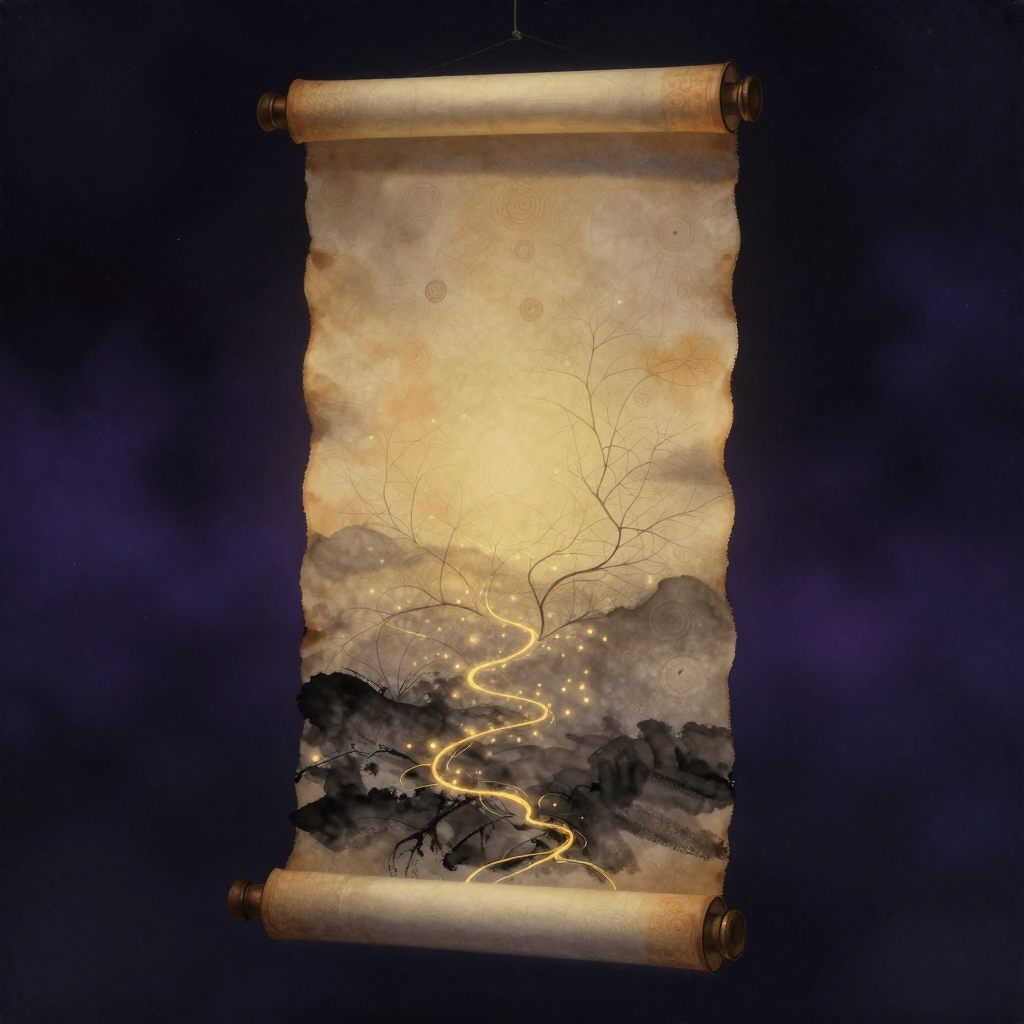 意识地图：一幅纵向展开的古旧羊皮卷轴悬浮于空处，卷面自上而下分划出渐变层次区域，表层以明晰线条标注结构，愈向下渐转为细密神经网络状