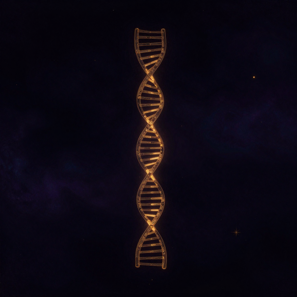 DNA：两条反向平行的核苷酸链以右手螺旋方式缠绕上升，碱基对在内侧形成规则的阶梯状结构，整体悬浮于大片空处中段，螺旋内侧透出极细